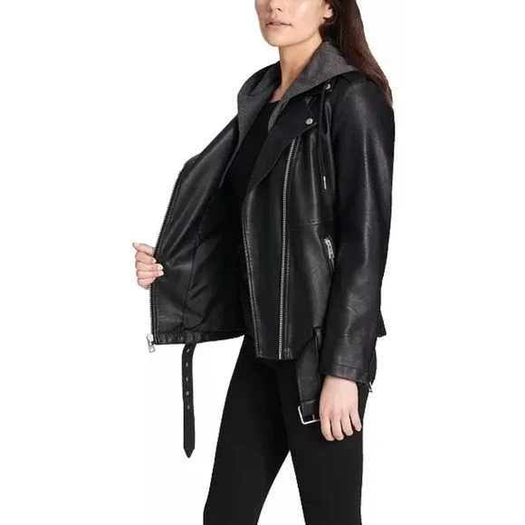 Levi Strauss & Co. Black Faux Leather Moto Jacket Gray Hoodie Womens Medium NEW - Picture 7 of 16